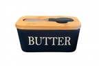 Ceramic Butter Dish Wooden Airtight Lid, With Butter Knife Navy Blue 600ml