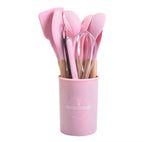 12-Pc Silicone Utensil Set with Wooden Handles & Holder - Pink