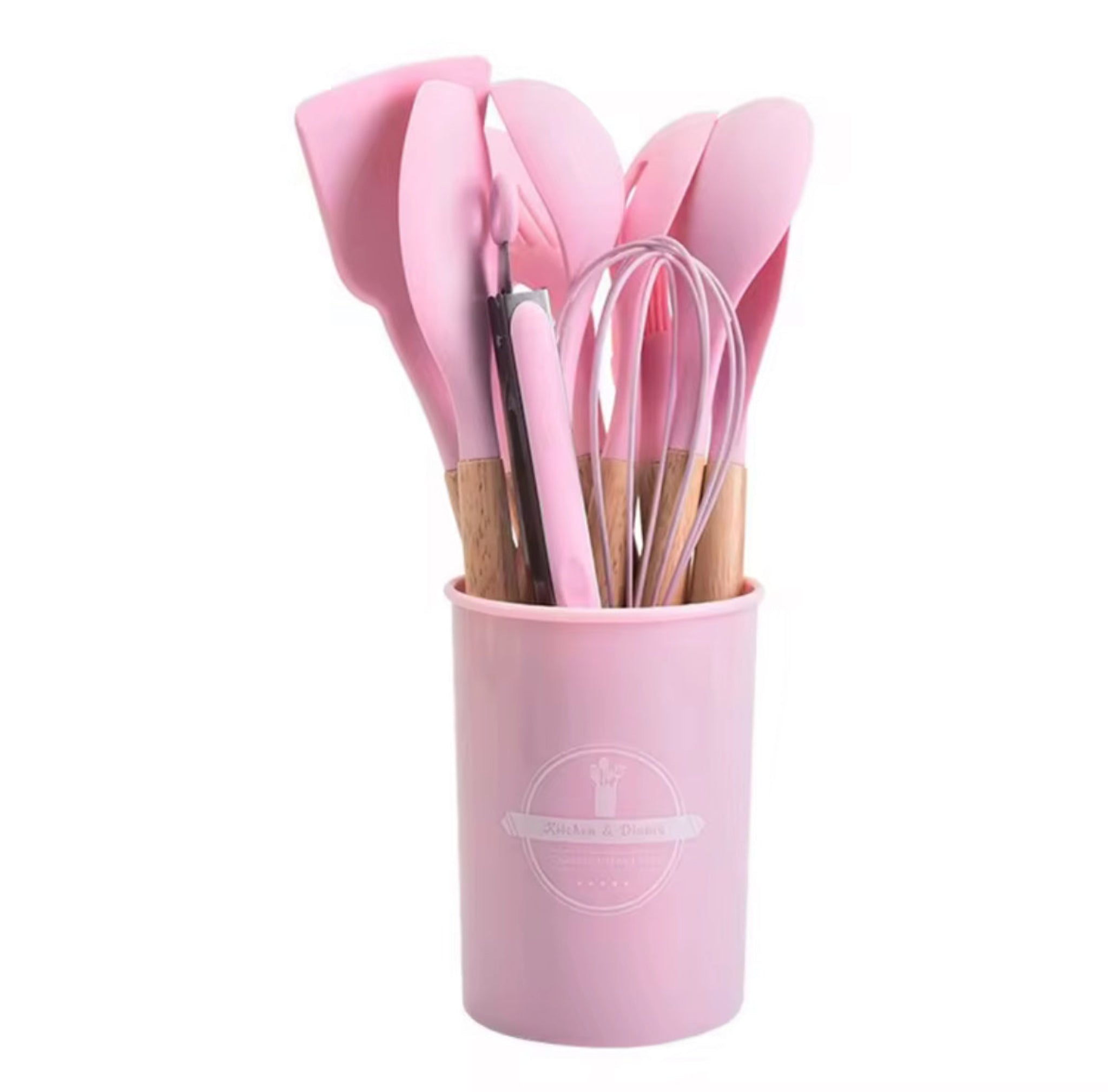 12-Pc Silicone Utensil Set with Wooden Handles & Holder - Pink