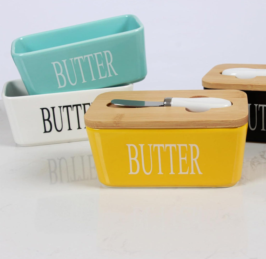 600ml Ceramic Butter Dish with Bamboo Lid & Knife - Yellow