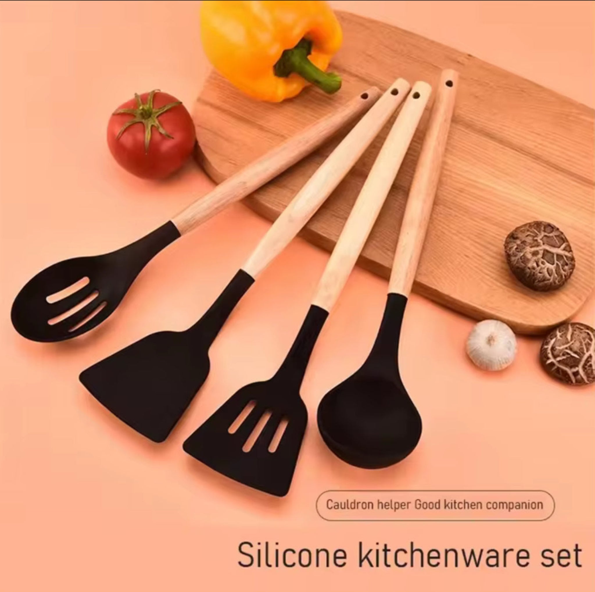 12-Pc Silicone Utensil Set with Wooden Handles & Holder - Pink