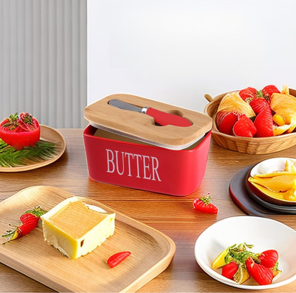 Ceramic Butter Dish Wooden Airtight Lid, With Butter Knife 600ml - Red