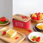 Ceramic Butter Dish Wooden Airtight Lid, With Butter Knife 600ml - Red