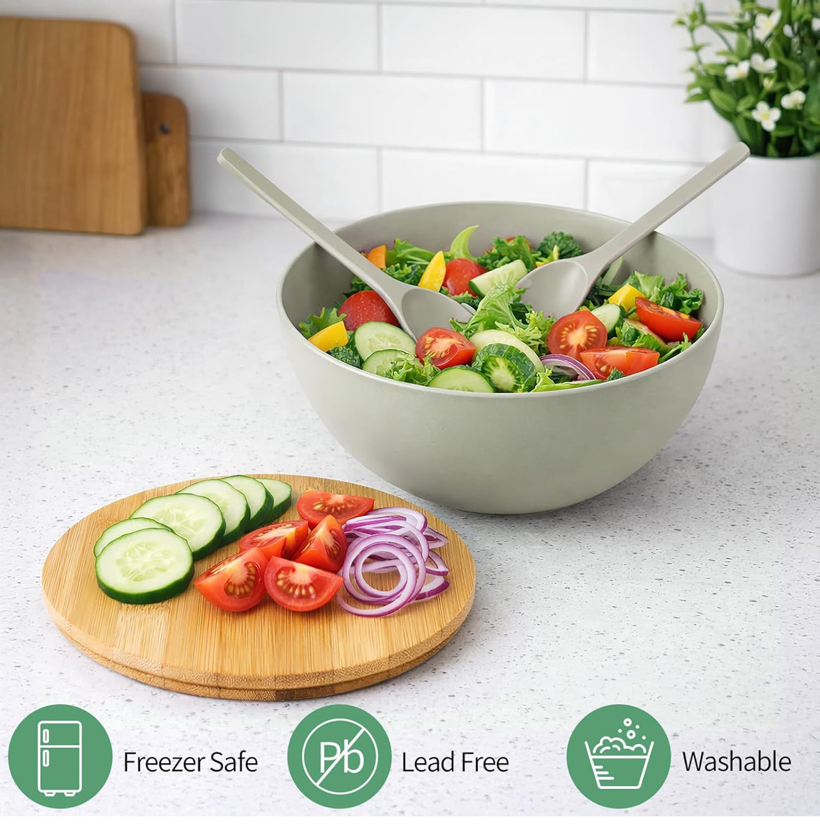Modern Bamboo Salad Bowl Set with Lid & Serving Spoon and Fork – White