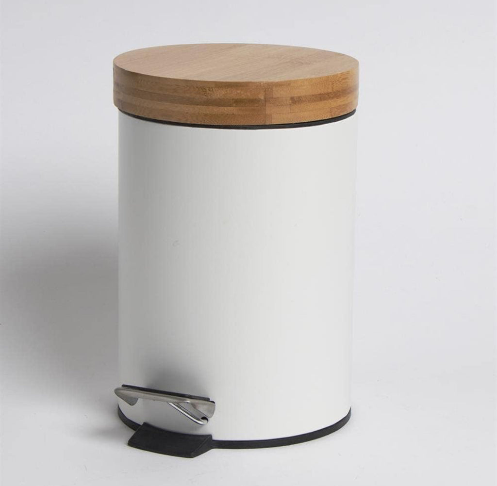 Bamboo Lid Pedal Kitchen Bin – White