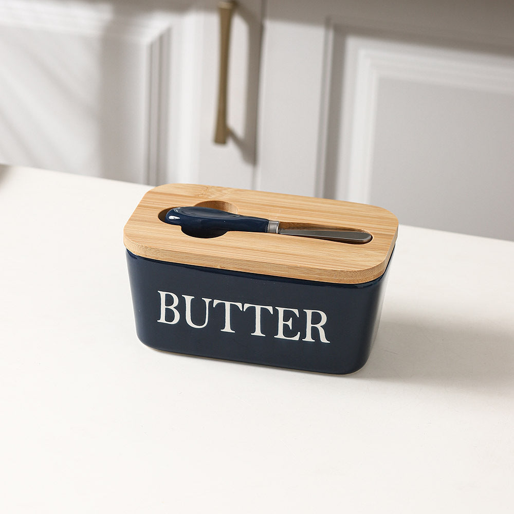 600ml Ceramic Butter Dish with Bamboo Lid & Knife - Navy Blue