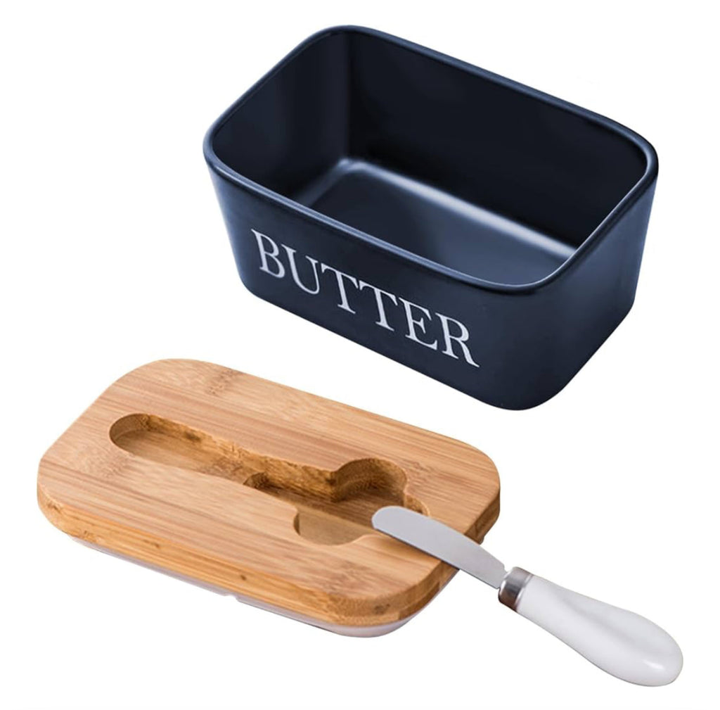 600ml Ceramic Butter Dish with Bamboo Lid & Knife - Navy Blue