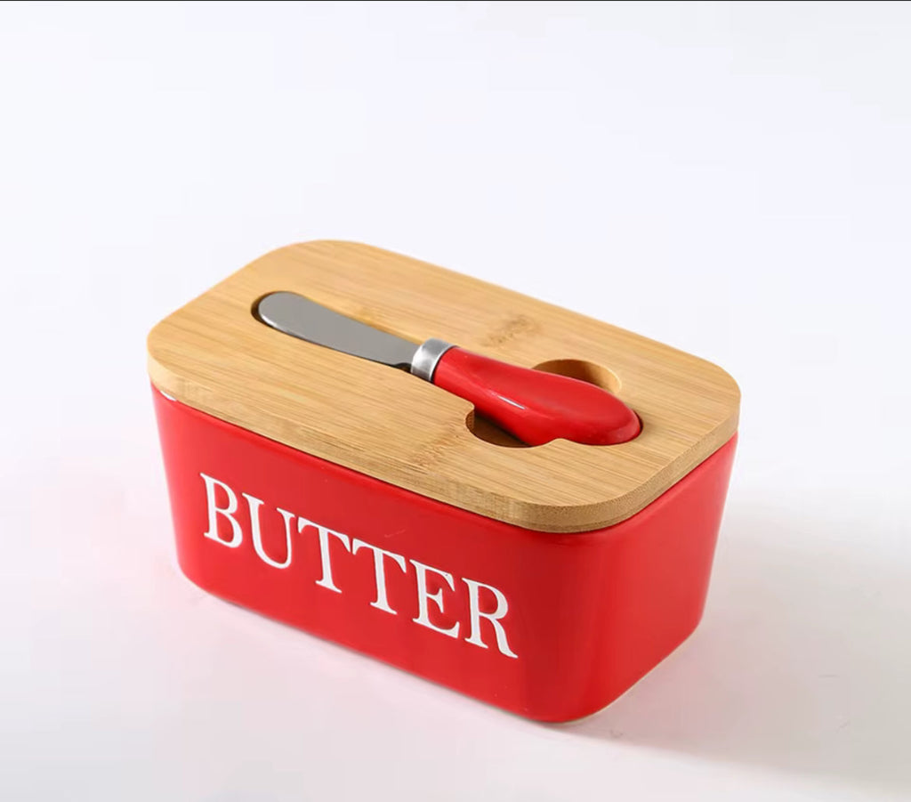 Ceramic Butter Dish Wooden Airtight Lid, With Butter Knife 600ml - Red