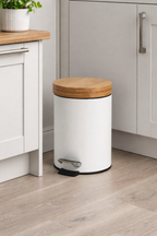 Bamboo Lid Pedal Kitchen Bin – White