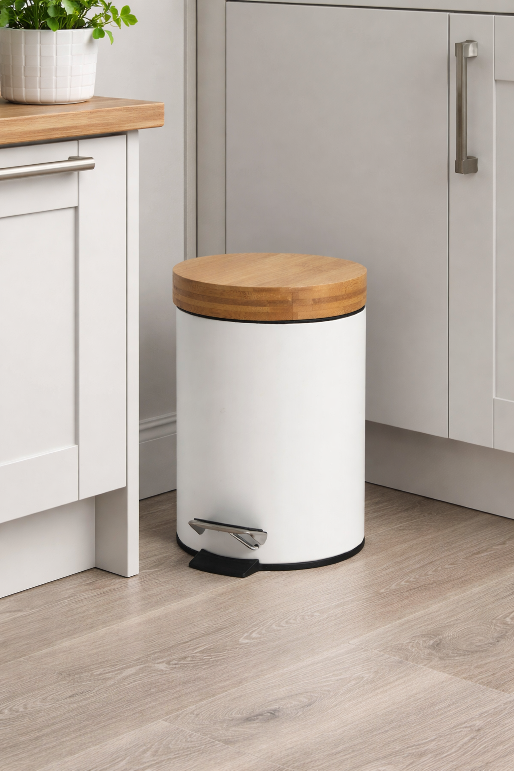 Bamboo Lid Pedal Kitchen Bin – White