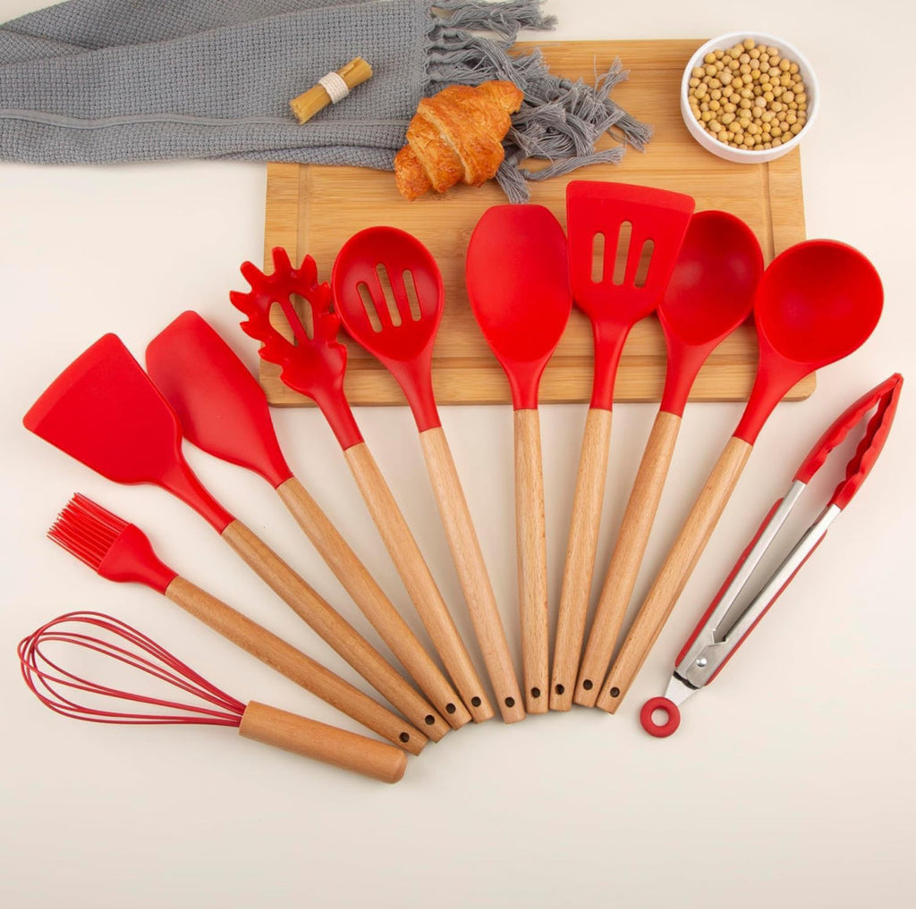 12-Pc Silicone Utensil Set with Wooden Handles & Holder - Red