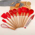 12-Pc Silicone Utensil Set with Wooden Handles & Holder - Red