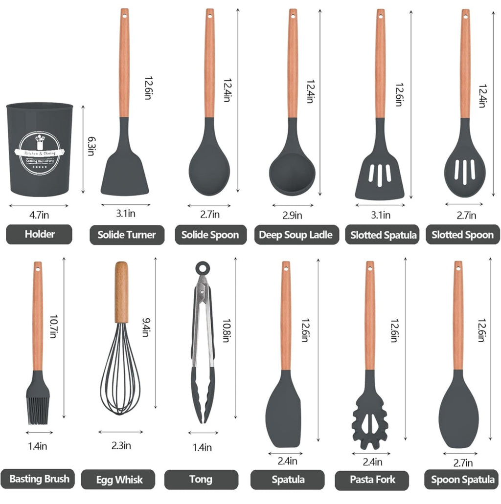 12-Pc Silicone Utensil Set with Wooden Handles & Holder - Grey