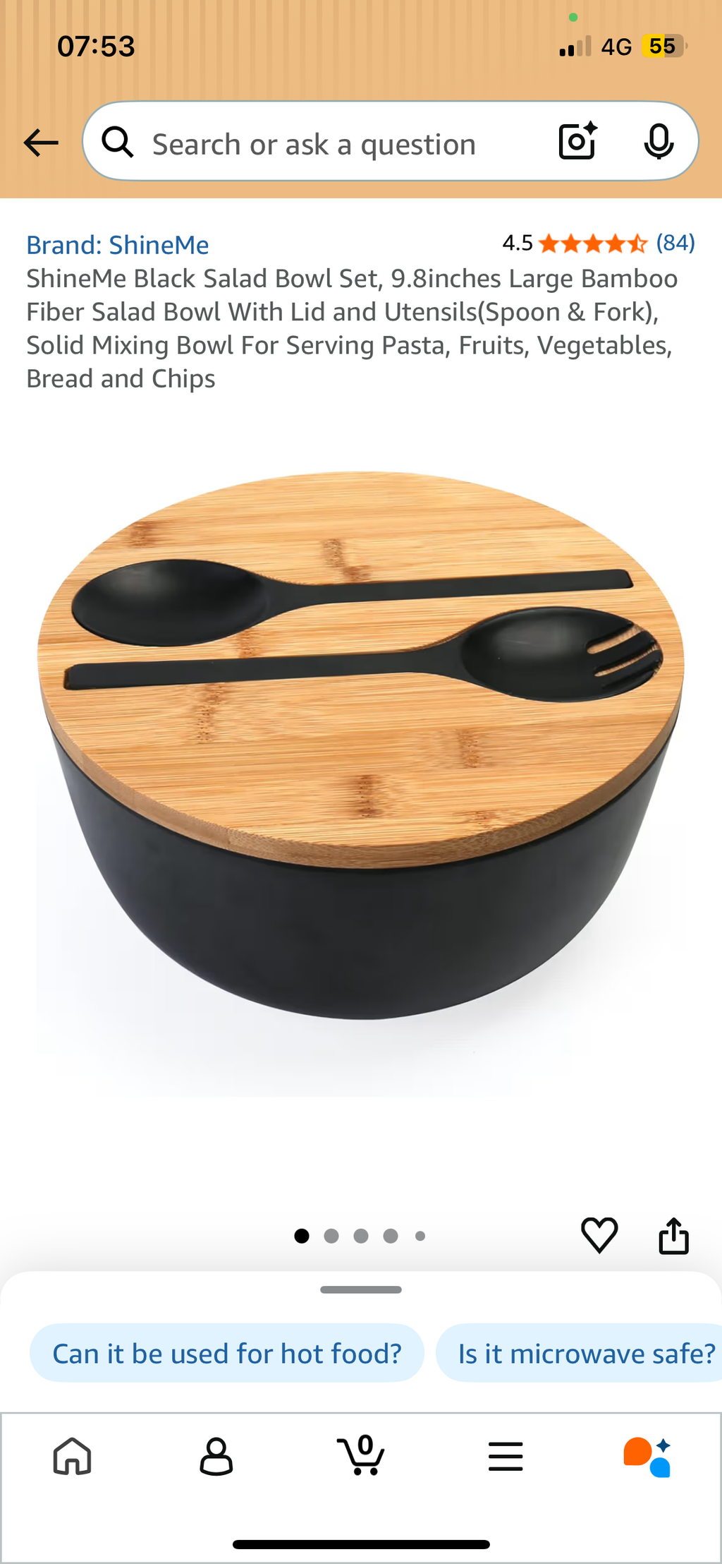 Modern Bamboo Salad Bowl Set with Lid & Serving Spoon and Fork – Black