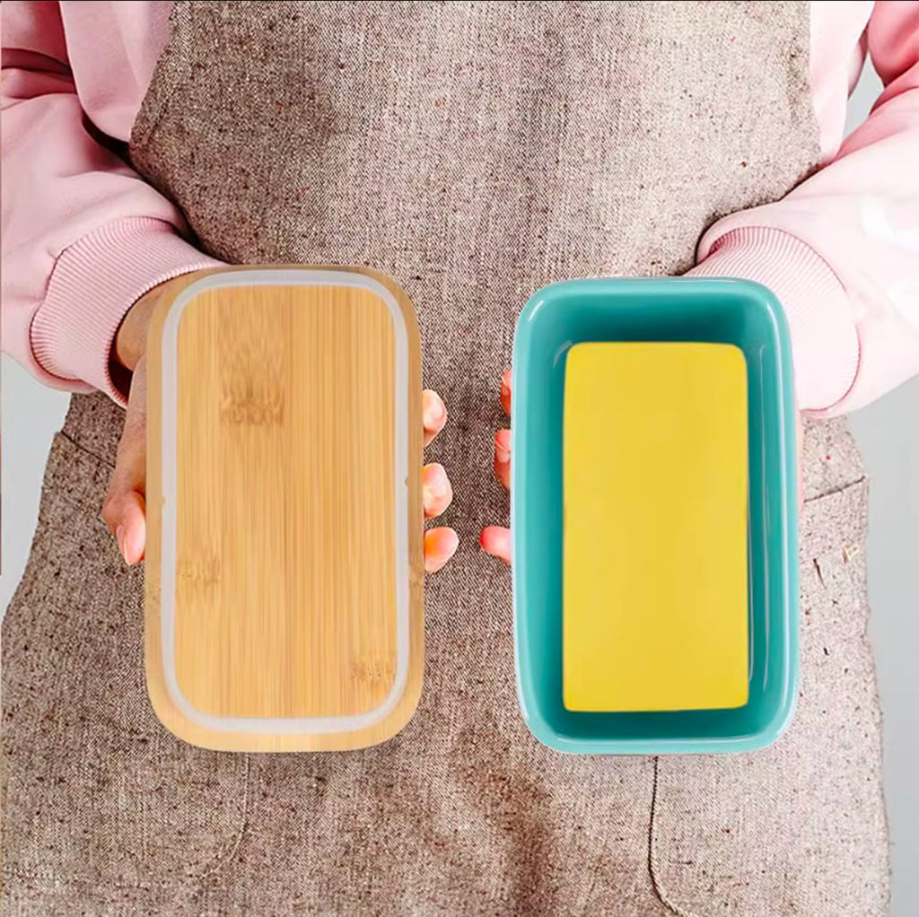 Ceramic Butter Dish With Wooden Airtight Lid, With Butter Knife Turquoise 600ml