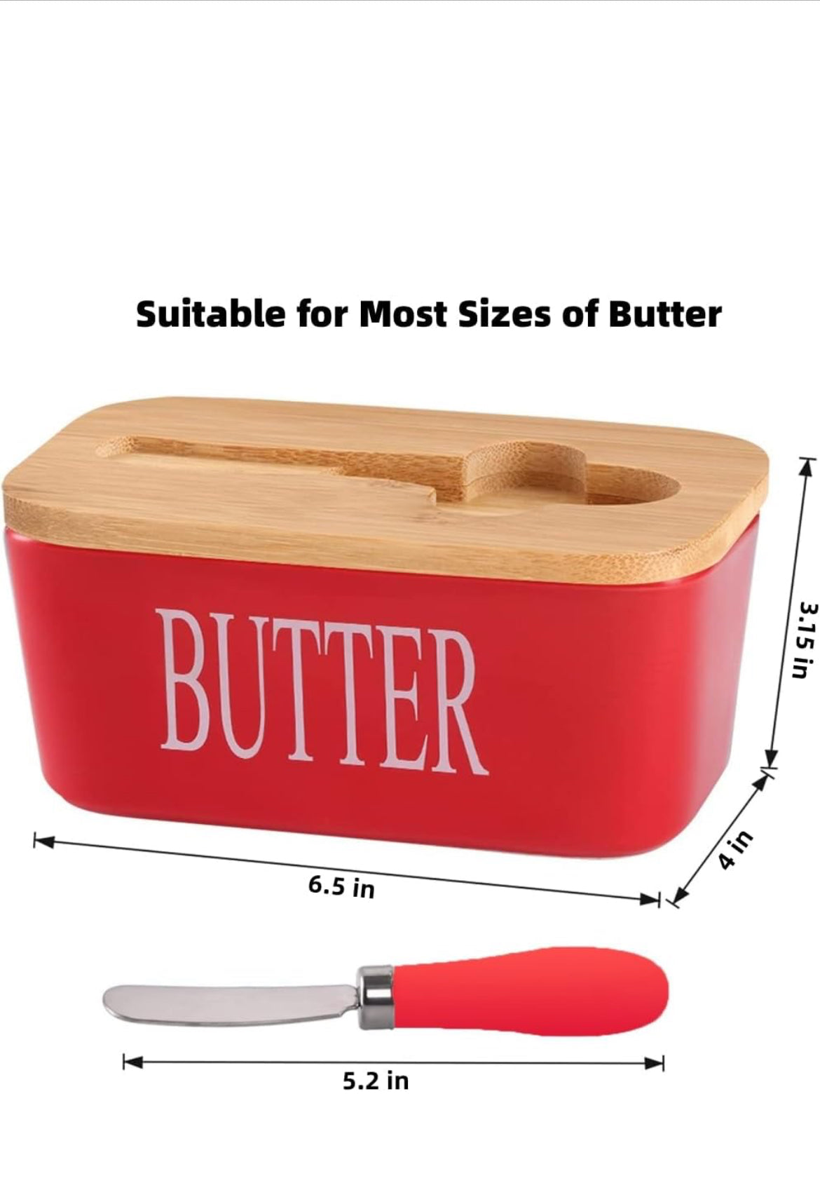 Ceramic Butter Dish Wooden Airtight Lid, With Butter Knife 600ml - Red