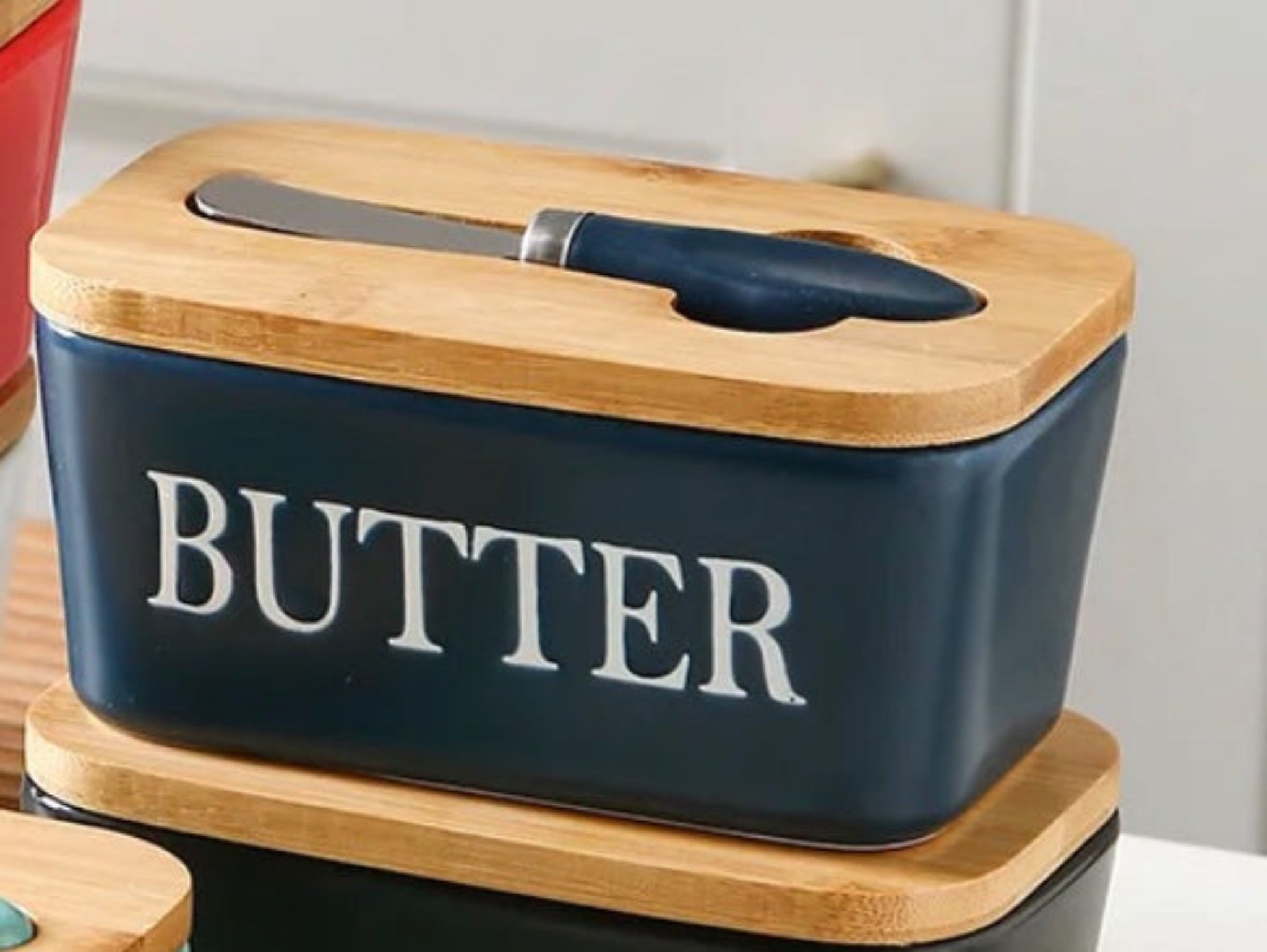 600ml Ceramic Butter Dish with Bamboo Lid & Knife - Navy Blue