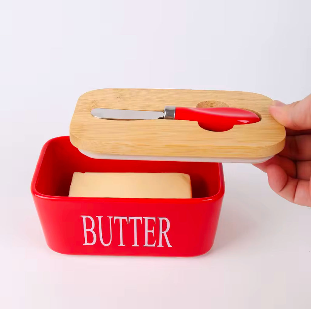 Ceramic Butter Dish Wooden Airtight Lid, With Butter Knife 600ml - Red