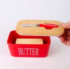 Ceramic Butter Dish Wooden Airtight Lid, With Butter Knife 600ml - Red