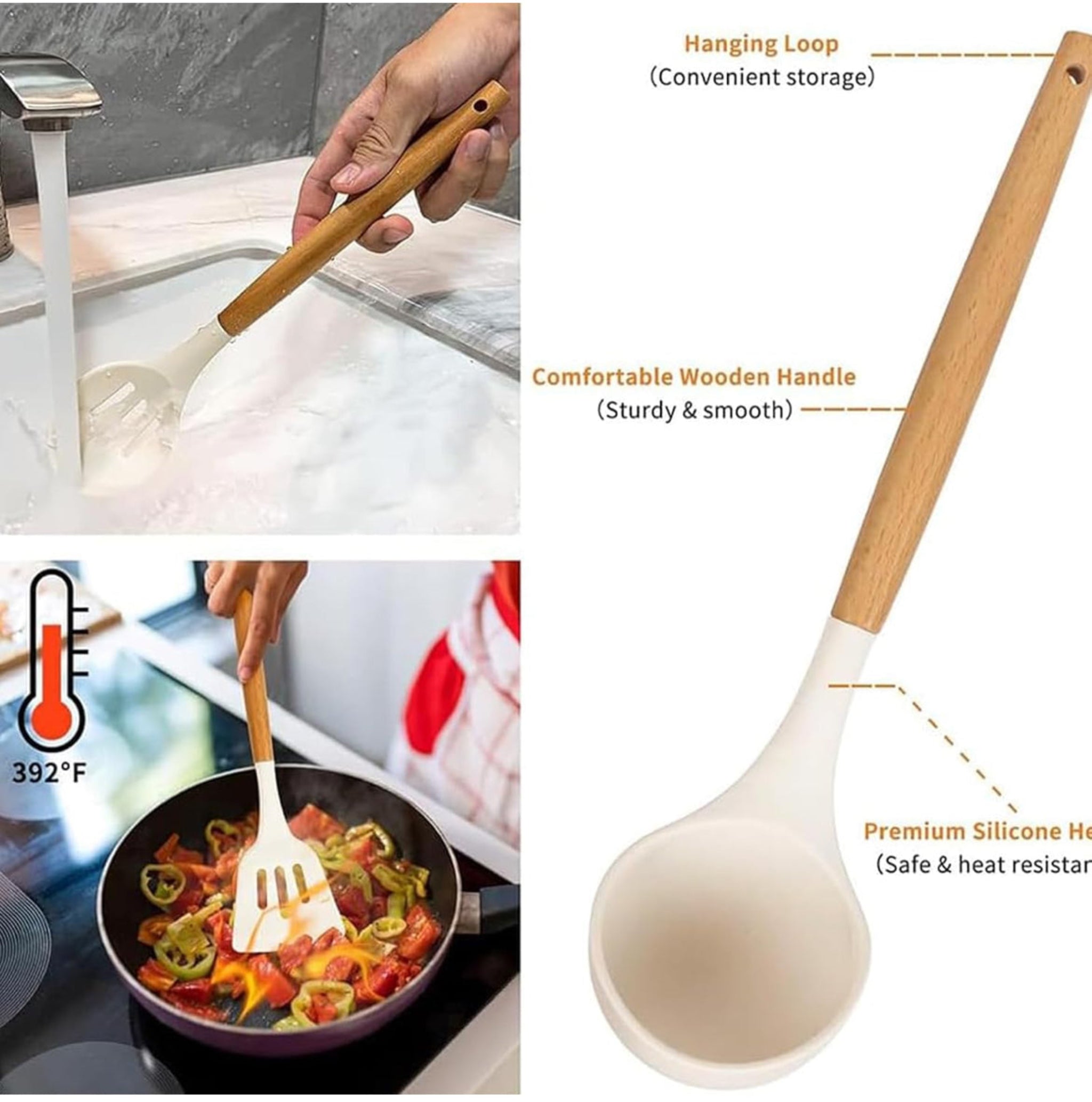 12-Pc Silicone Utensil Set with Wooden Handles & Holder - White