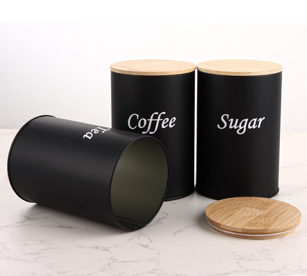 Black Kitchen Canister Set – Coffee, Tea & Sugar with Bamboo Lids (3-Piece)