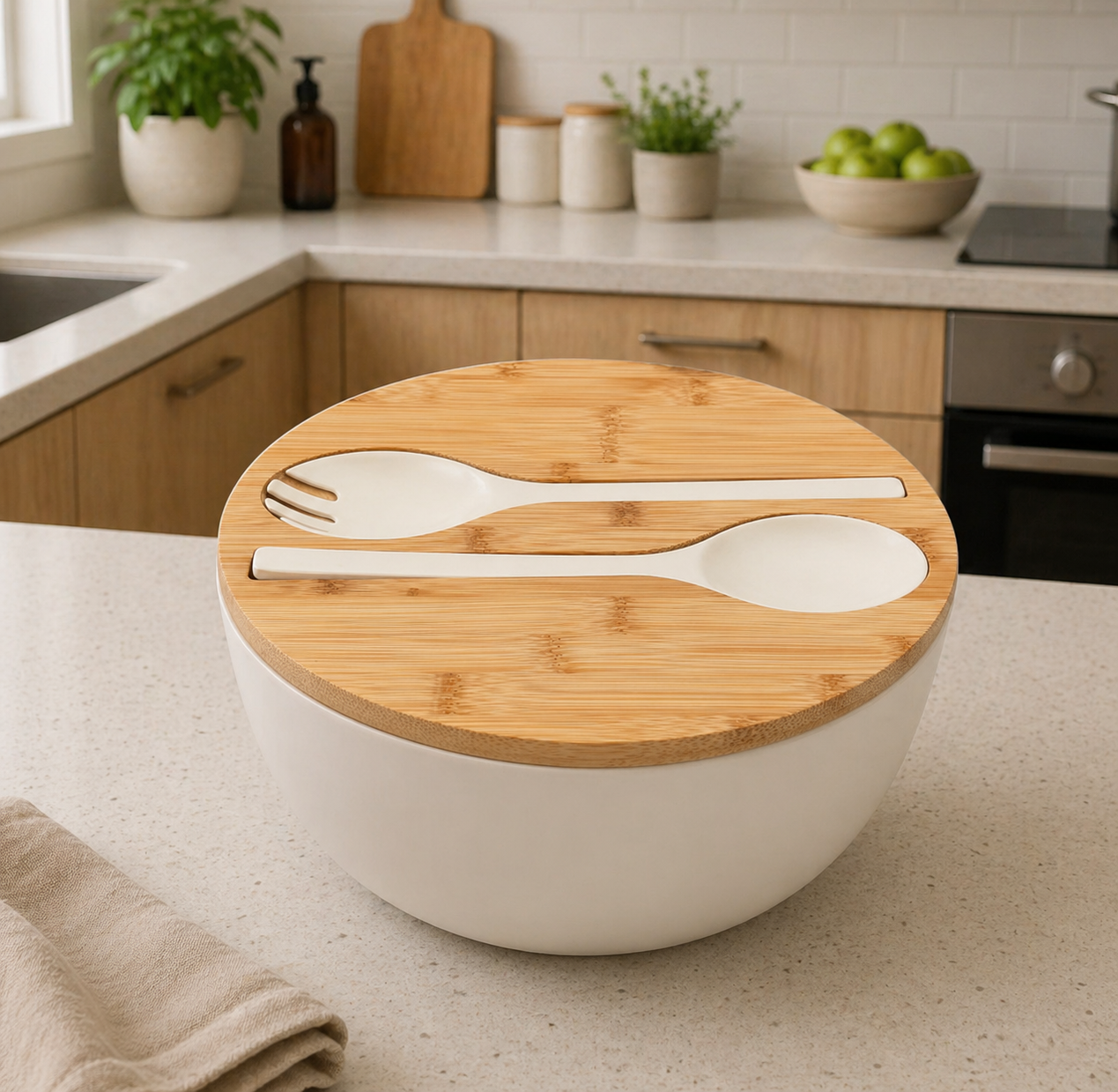 Modern Bamboo Salad Bowl Set with Lid & Serving Spoon and Fork – White