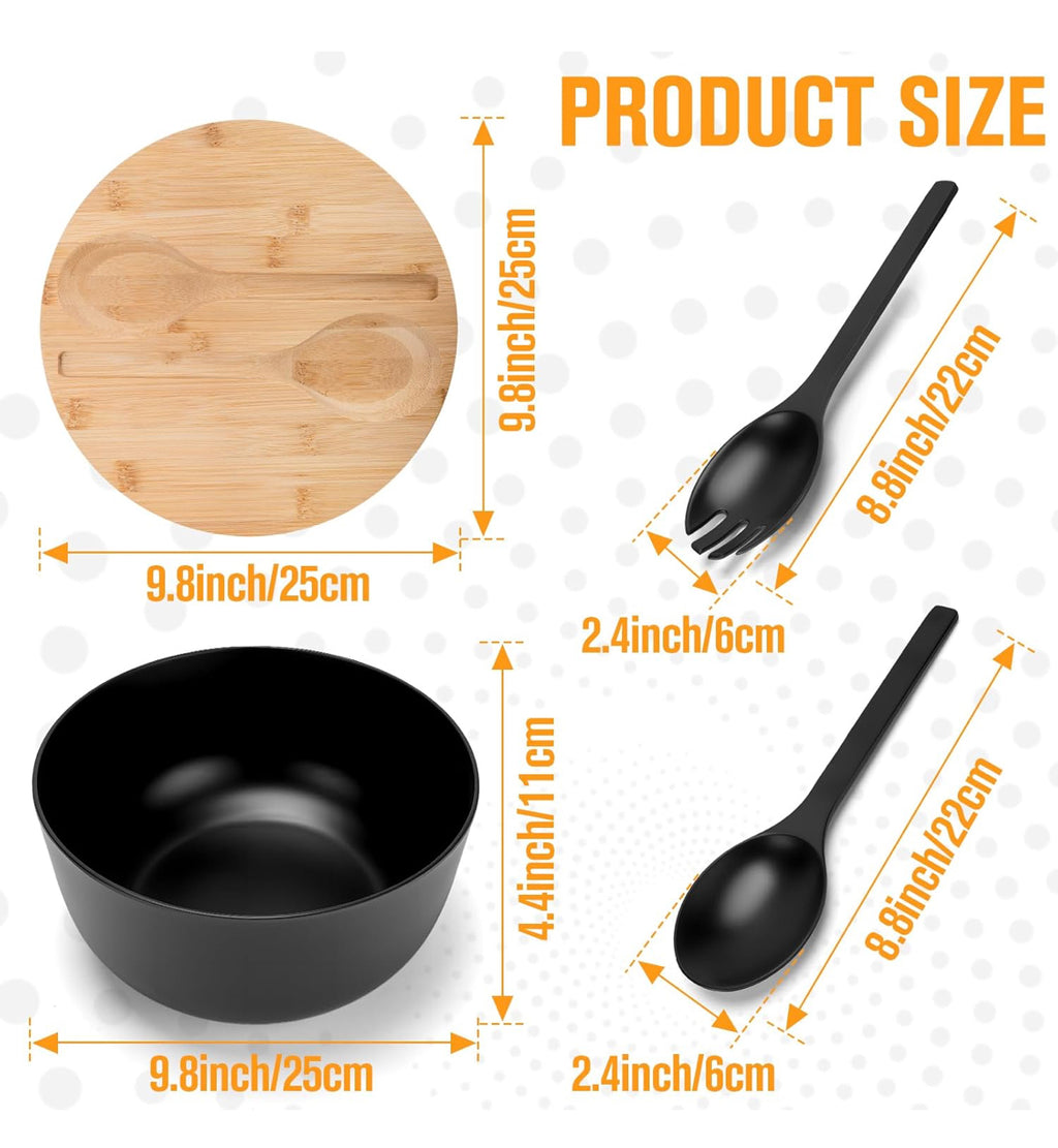 Modern Bamboo Salad Bowl Set with Lid & Serving Spoon and Fork – Black