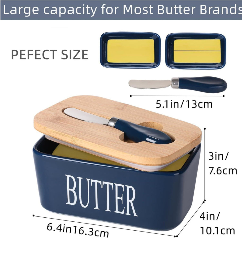 Ceramic Butter Dish Wooden Airtight Lid, With Butter Knife Navy Blue 600ml