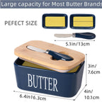 Ceramic Butter Dish Wooden Airtight Lid, With Butter Knife Navy Blue 600ml