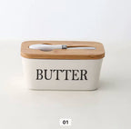 Ceramic Butter Dish With Wooden Airtight Lid, With Butter Knife - White 600ml
