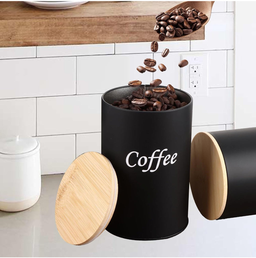 Black Kitchen Canister Set – Coffee, Tea & Sugar with Bamboo Lids (3-Piece)