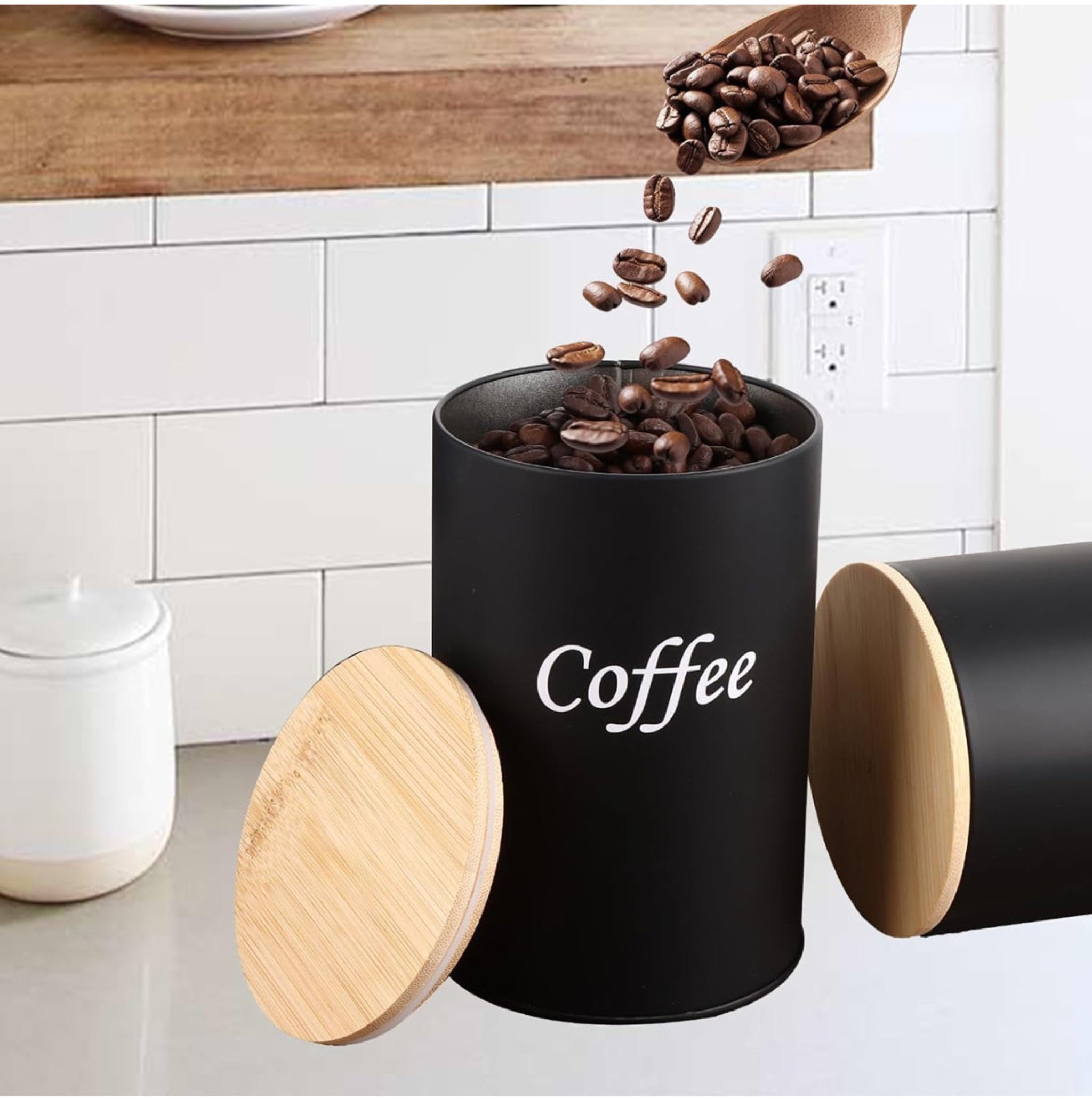 Black Kitchen Canister Set – Coffee, Tea & Sugar with Bamboo Lids (3-Piece)