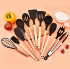 12-Pc Silicone Utensil Set with Wooden Handles & Holder - Black