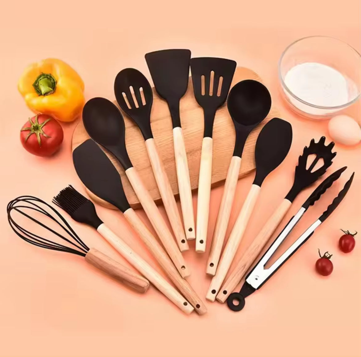 12-Pc Silicone Utensil Set with Wooden Handles & Holder - Black