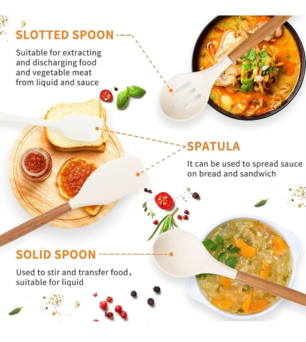 12-Pc Silicone Utensil Set with Wooden Handles & Holder - White