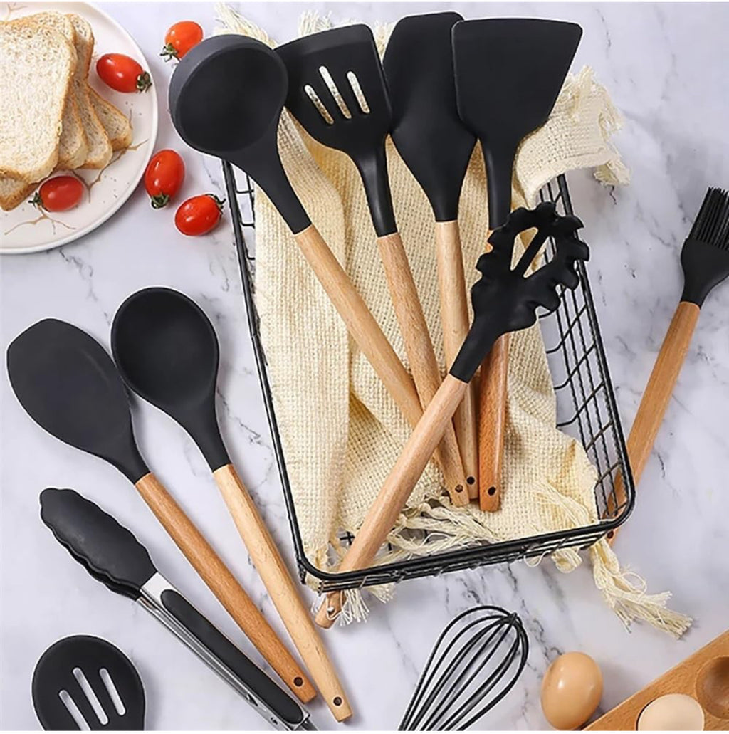 12-Pc Silicone Utensil Set with Wooden Handles & Holder - Black