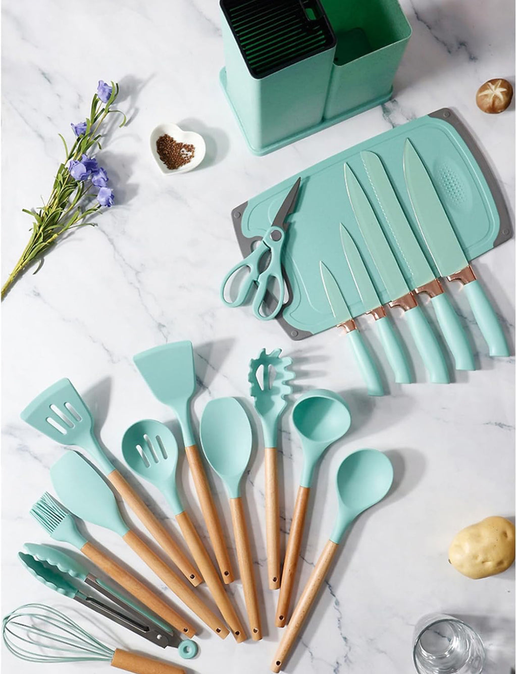 19-Piece Elegant Non-Stick Silicone Utensil Set – Turquoise