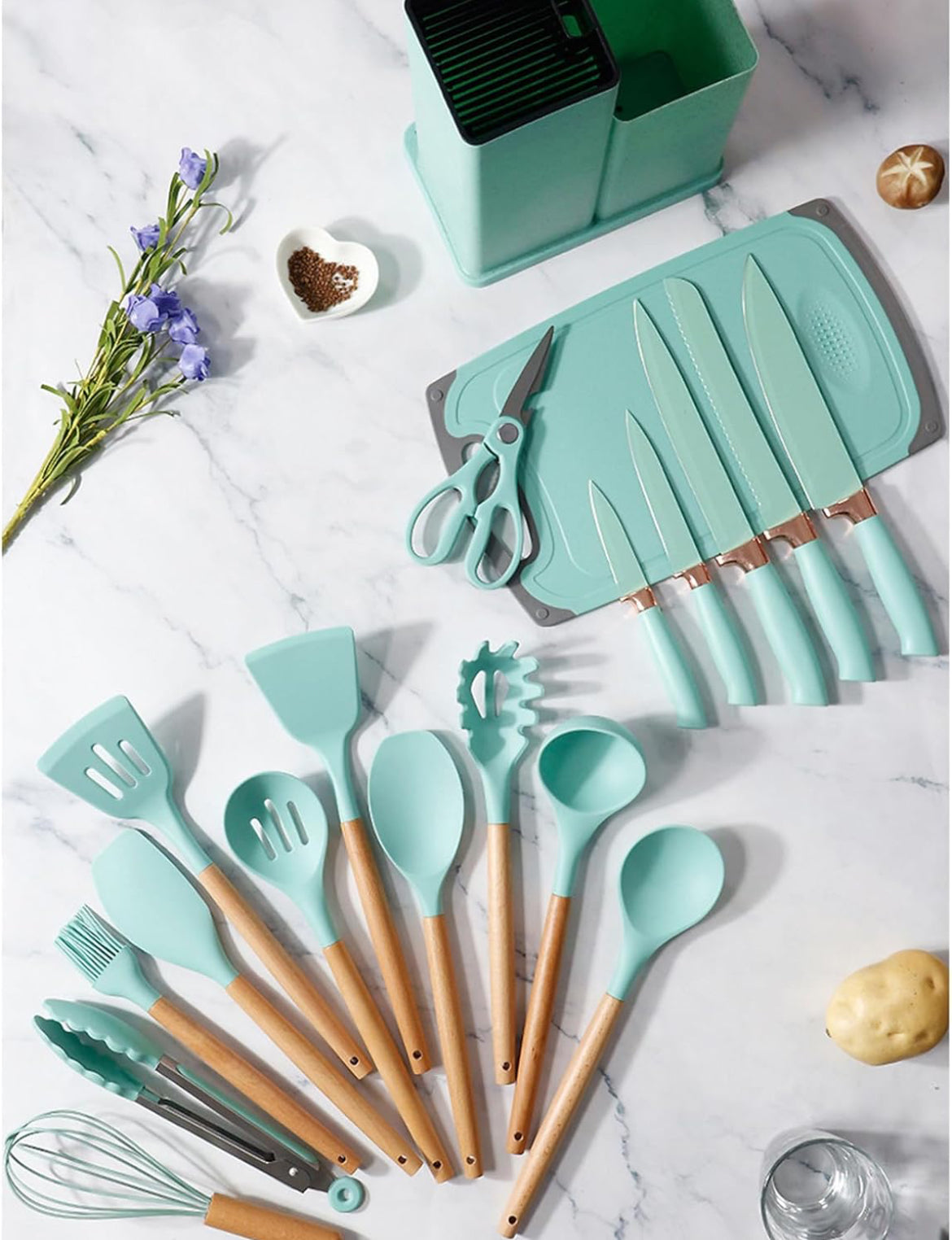 19-Piece Elegant Non-Stick Silicone Utensil Set – Turquoise