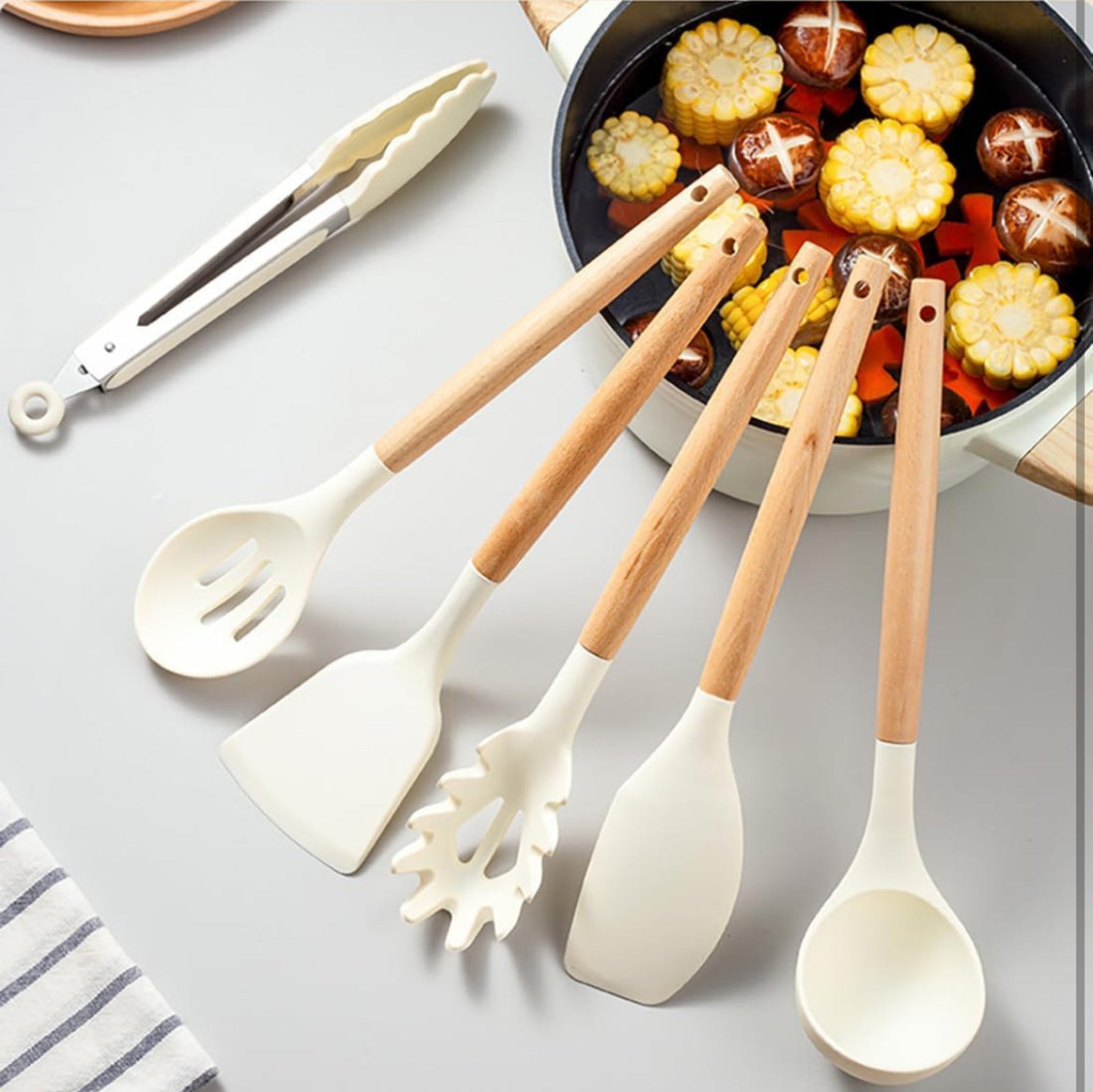 12-Pc Silicone Utensil Set with Wooden Handles & Holder - White