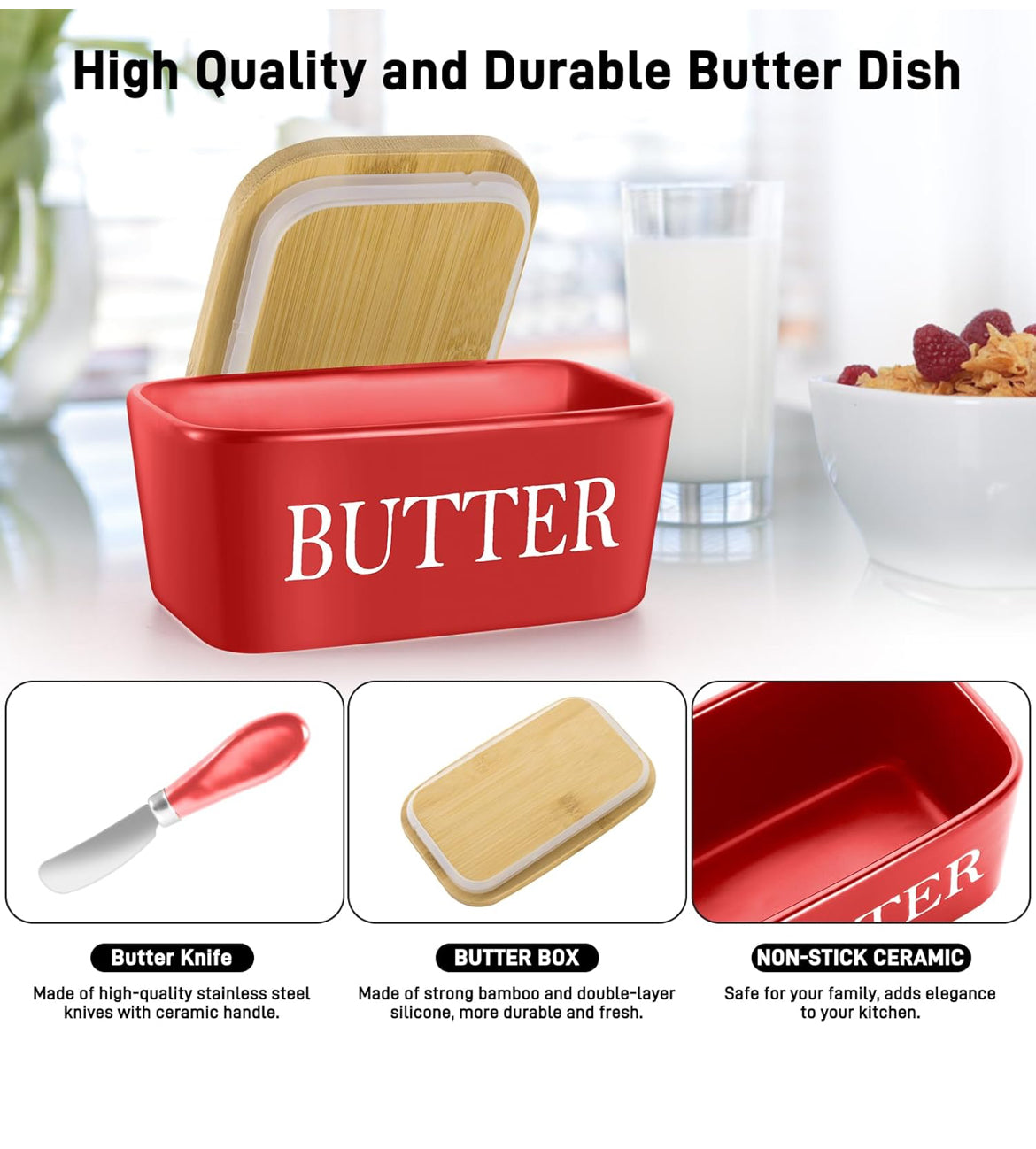 Ceramic Butter Dish Wooden Airtight Lid, With Butter Knife 600ml - Red