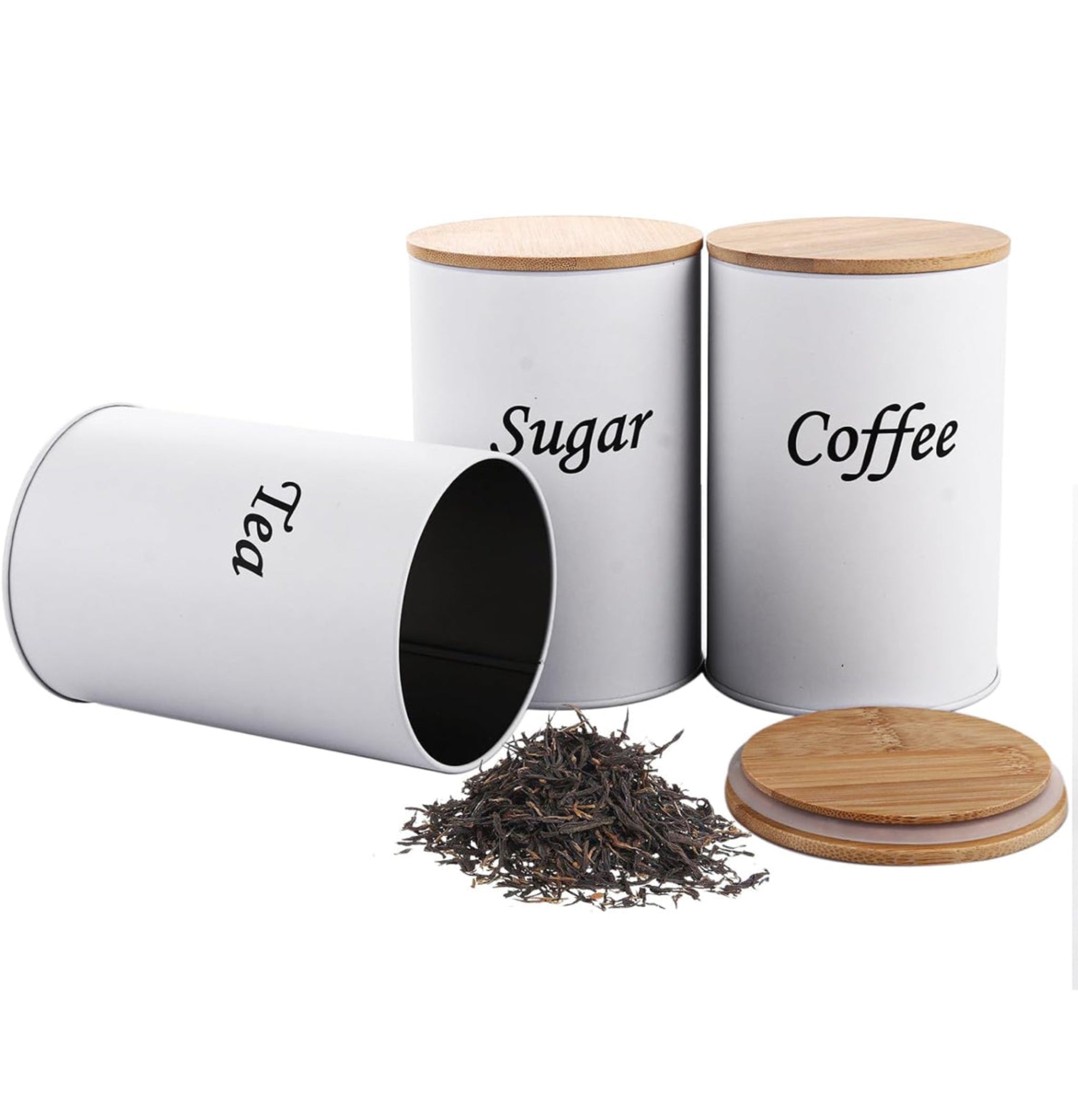 White Kitchen Canister Set – Coffee, Tea & Sugar with Bamboo Lids (3-Piece)