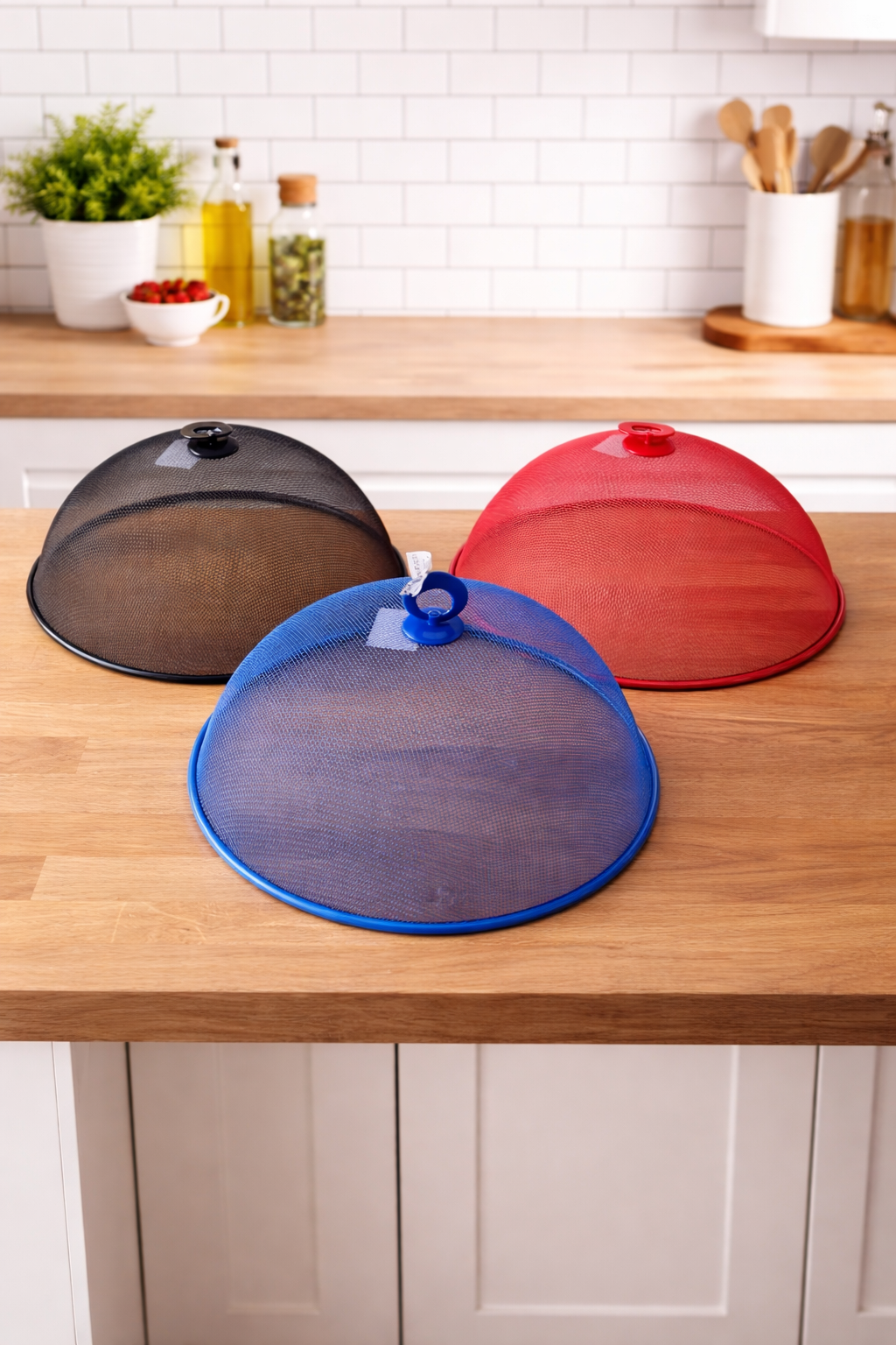 Set of 3 Metal Mesh Food Covers – 30cm Dome Covers (Black, Red & Blue)