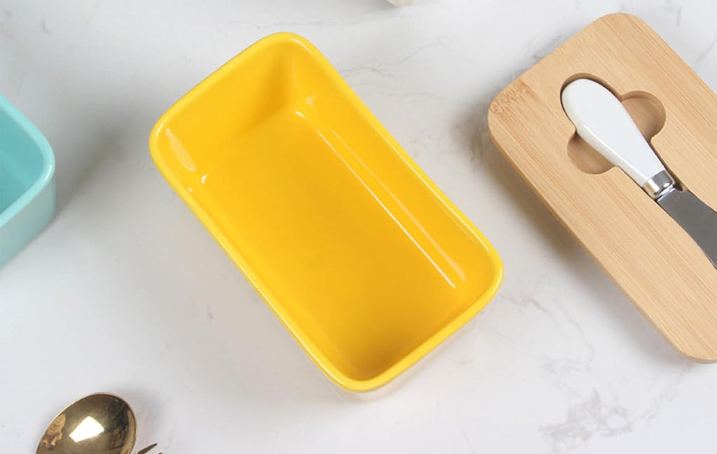 600ml Ceramic Butter Dish with Bamboo Lid & Knife - Yellow