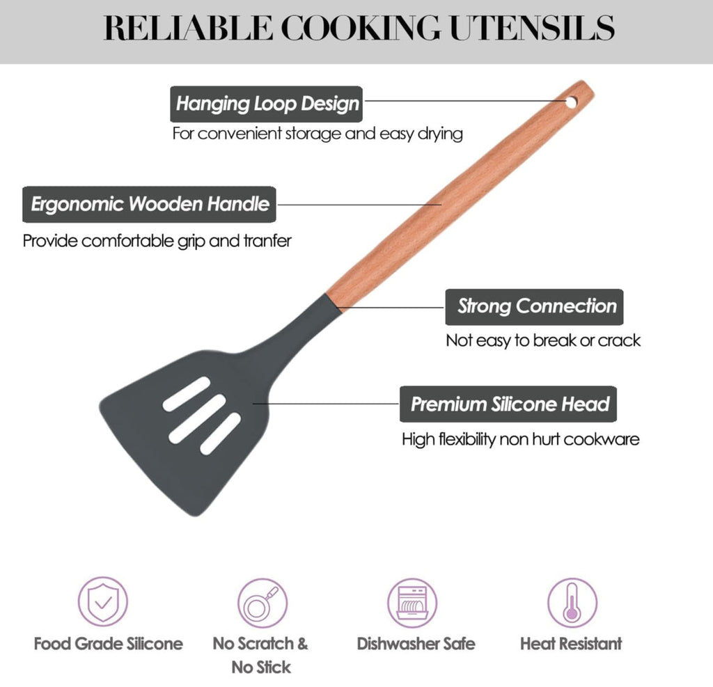 12-Pc Silicone Utensil Set with Wooden Handles & Holder - Grey