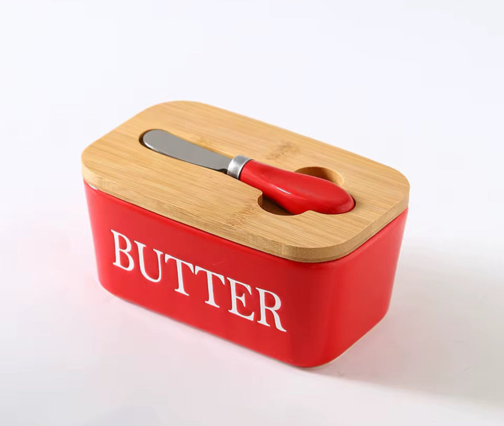 Ceramic Butter Dish Wooden Airtight Lid, With Butter Knife 600ml - Red