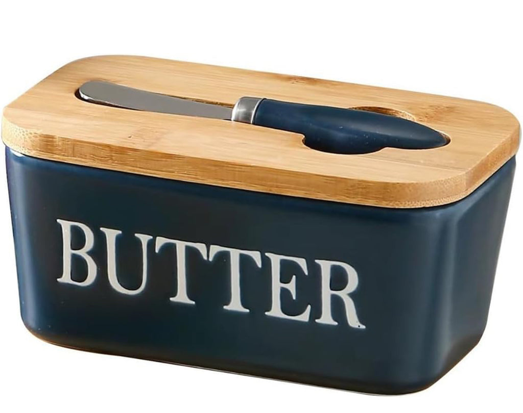 Ceramic Butter Dish Wooden Airtight Lid, With Butter Knife Navy Blue 600ml