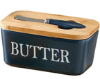 Ceramic Butter Dish Wooden Airtight Lid, With Butter Knife Navy Blue 600ml