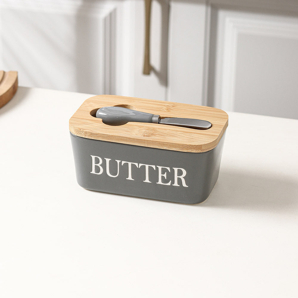 600ml Ceramic Butter Dish with Bamboo Lid & Knife - Grey
