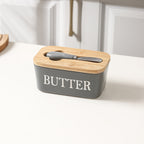 600ml Ceramic Butter Dish with Bamboo Lid & Knife - Grey