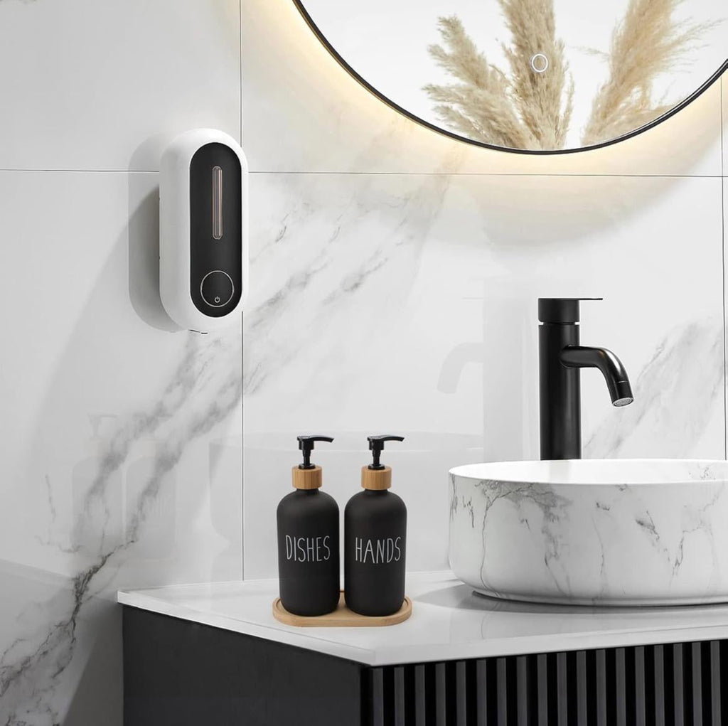 2x 500ml Lotion Soap Dispenser Hand Sanitizer Glass Bottle With Bamboo Cover Pump - Black